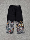 derschutze street style embroidered jeans with grass, birds and animals, unisex loose straight leg trousers.