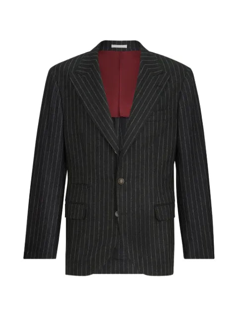 Brunello Cucinelli virgin wool and cashmere chalk stripe flannel deconstructed blazer with large peak lapels and metal buttons