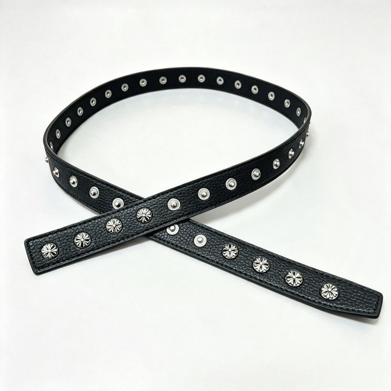 Chrome Hearts Black Pebbled Leather Belt Floral Studded No Buckle Belt