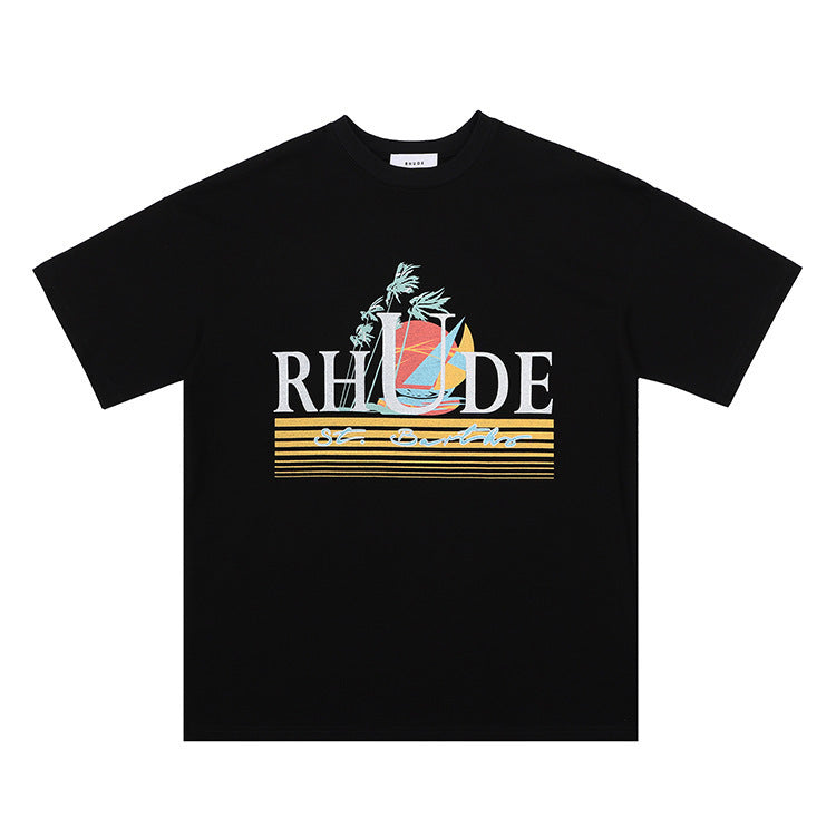 Rhude Graphic Tees Vintage High Street Loose Couple Crew Neck T-Shirt