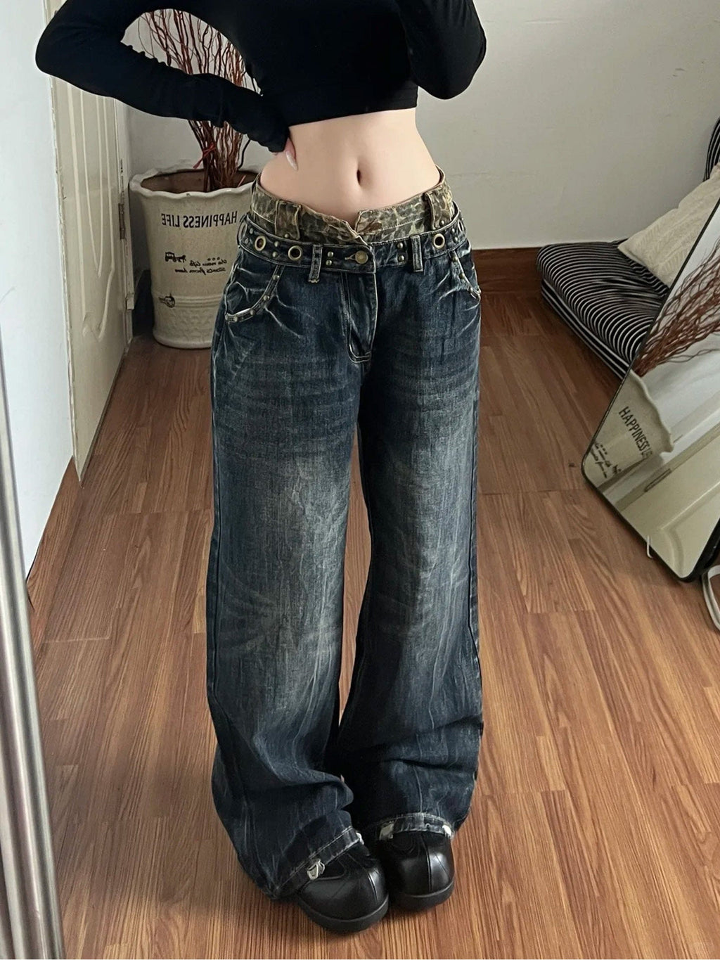 American Vintage Leopard Patchwork High Waist Wide Leg Denim Jeans