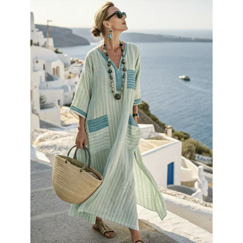 Women's Boho Striped Embroidered V-Neck Kaftan Maxi Dress