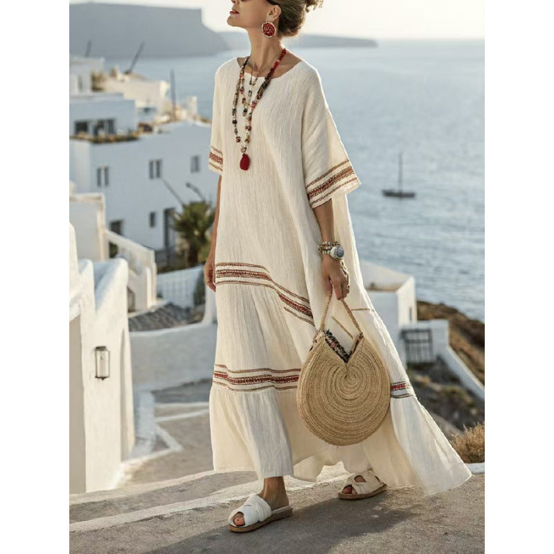 Women's Boho Striped Embroidered V-Neck Kaftan Maxi Dress
