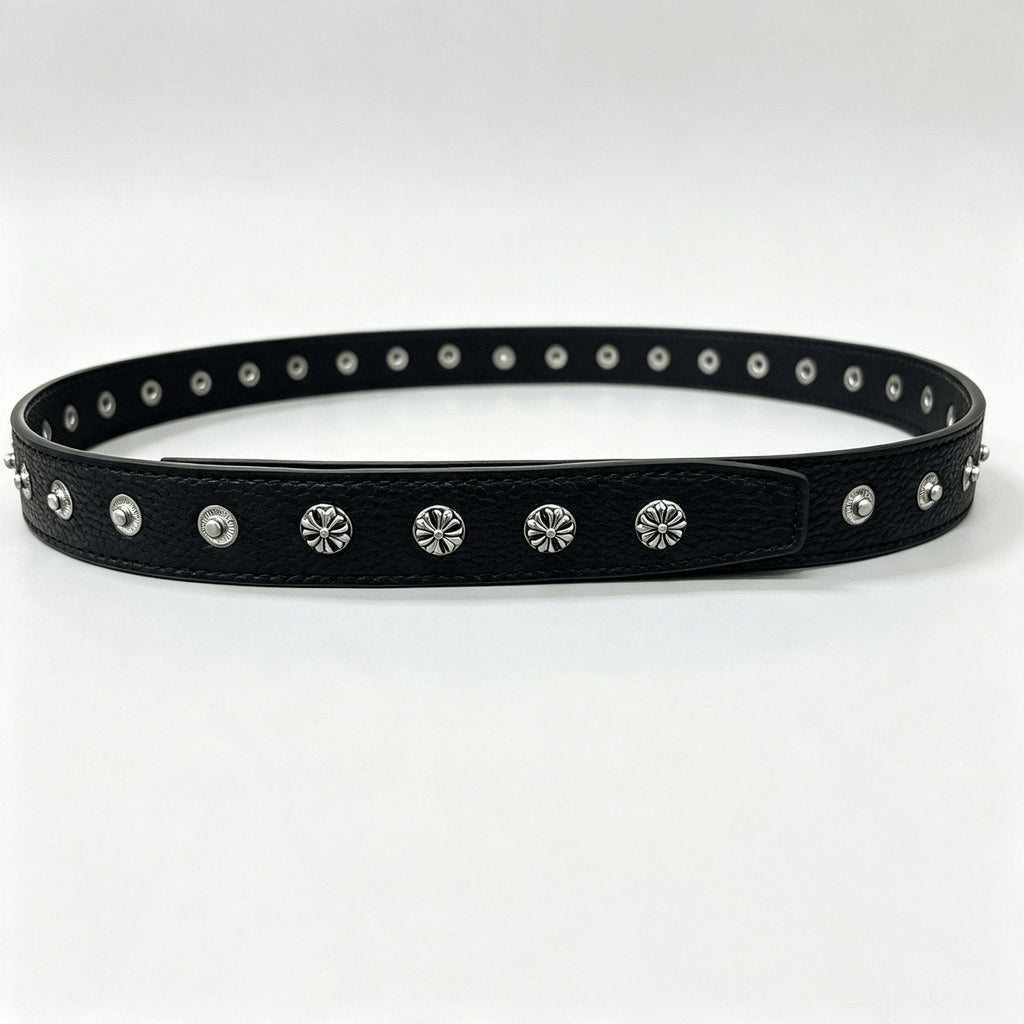Chrome Hearts Black Pebbled Leather Belt Floral Studded No Buckle Belt