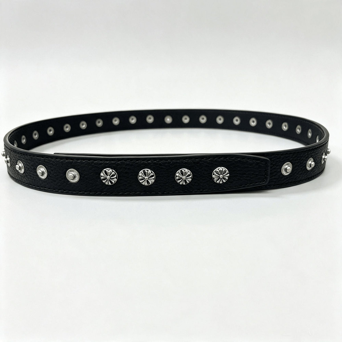 Chrome Hearts Black Pebbled Leather Belt Floral Studded No Buckle Belt