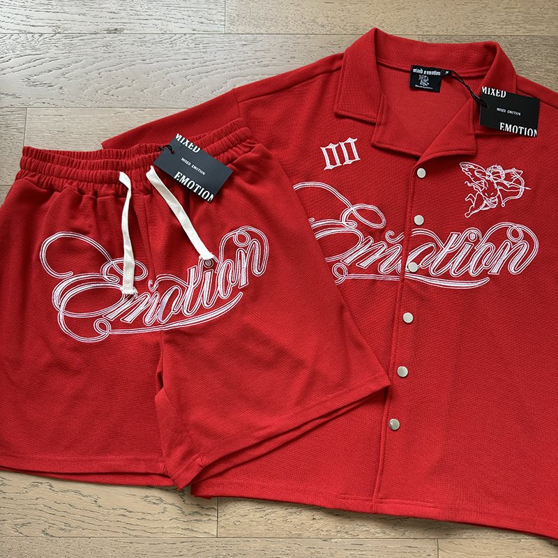 MIXED EMOTION Waffle-Knit Embroidered Shirt & Shorts Set