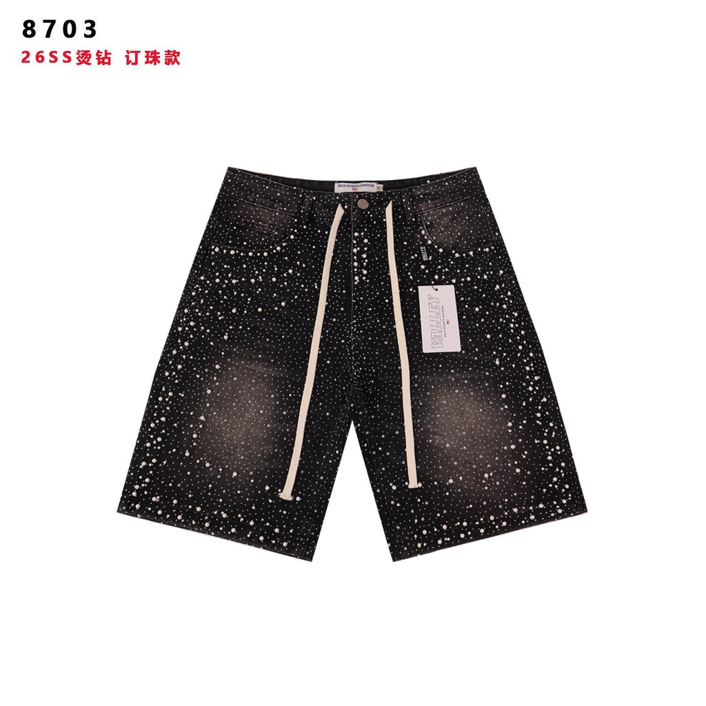 VALE Pearl-Studded Washed Denim Shorts