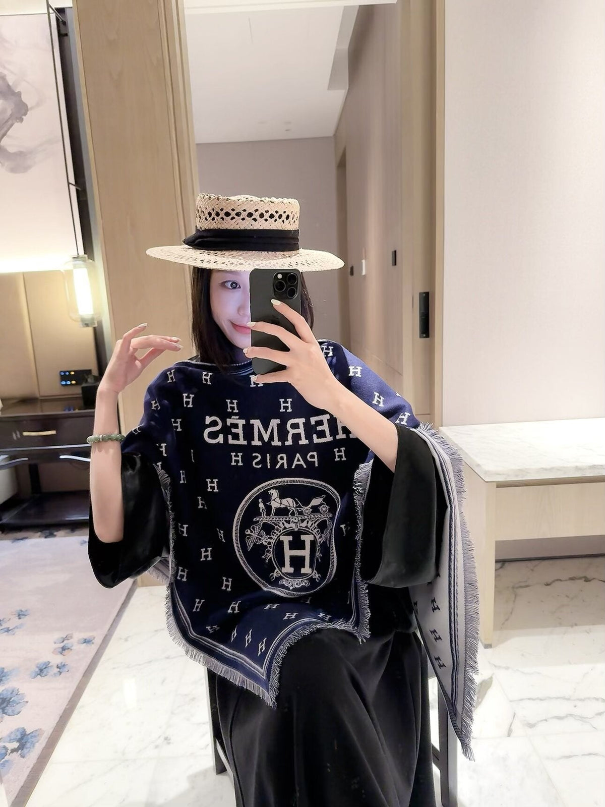 Hermes Style Reversible Equestrian Cape Shawl