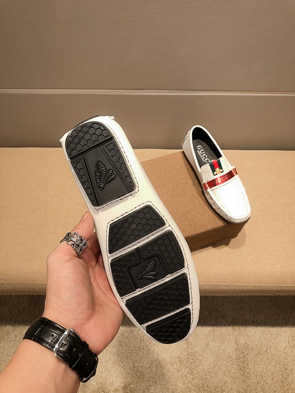 Gucci White Web-Stripe Loafers