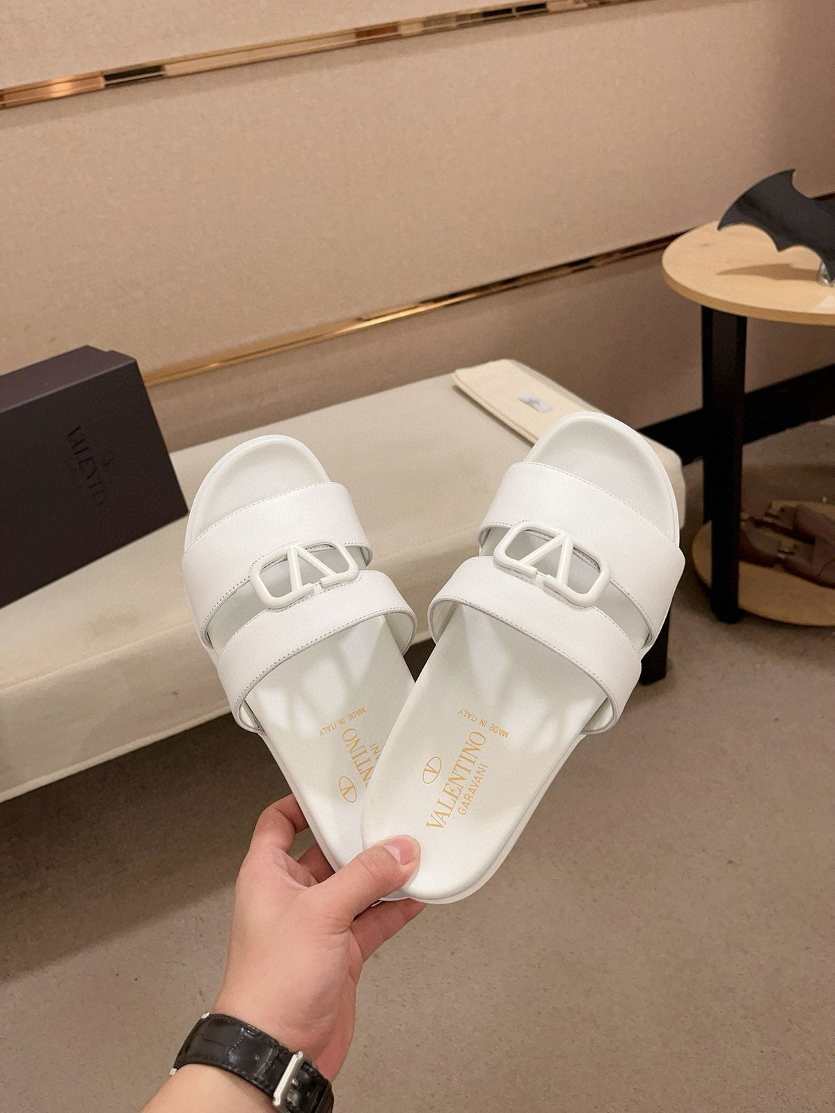 Valentino White V-Hardware Slide Sandals
