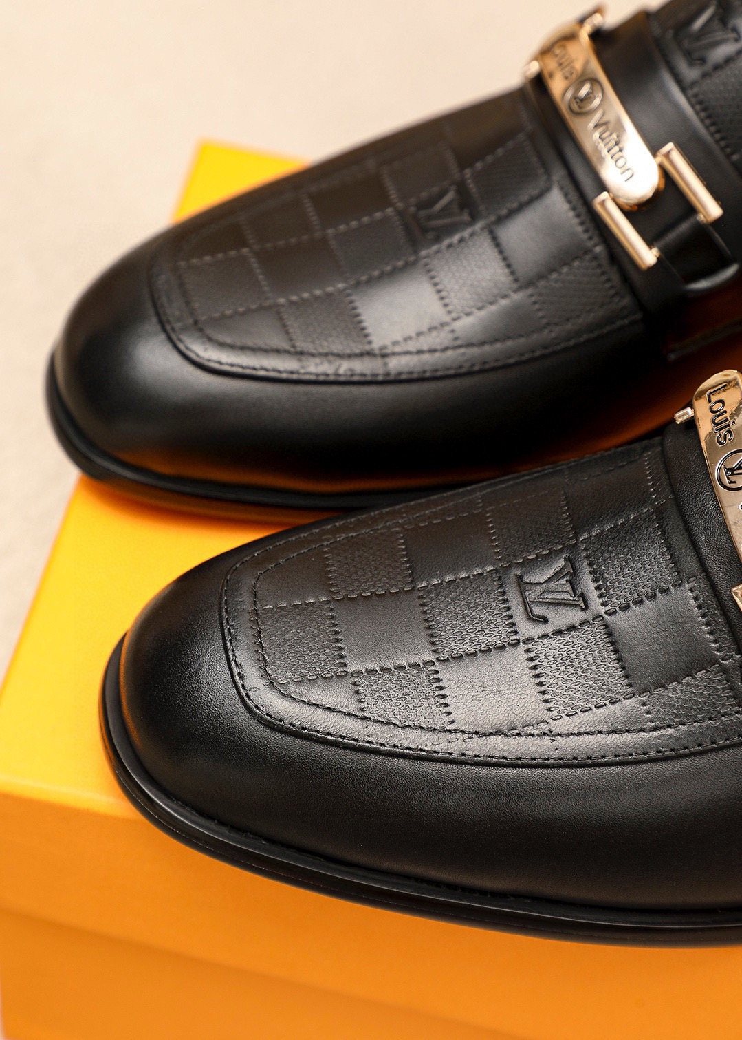 Louis Vuitton Black Embossed Loafers - Metal Bar Vamp Detail