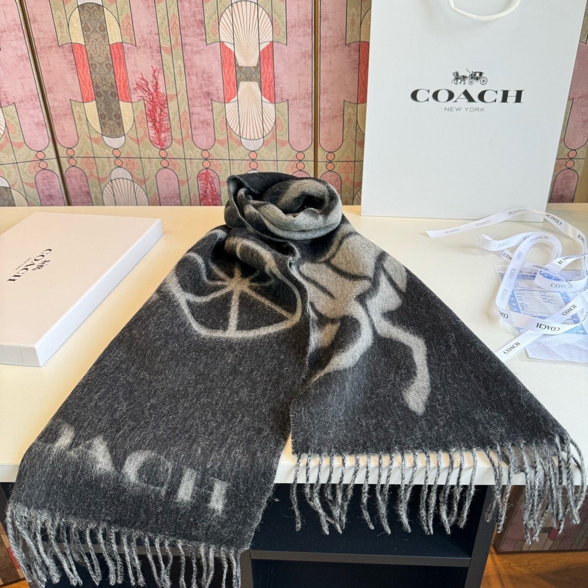 Coach Logo Fringed Wool Scarf
