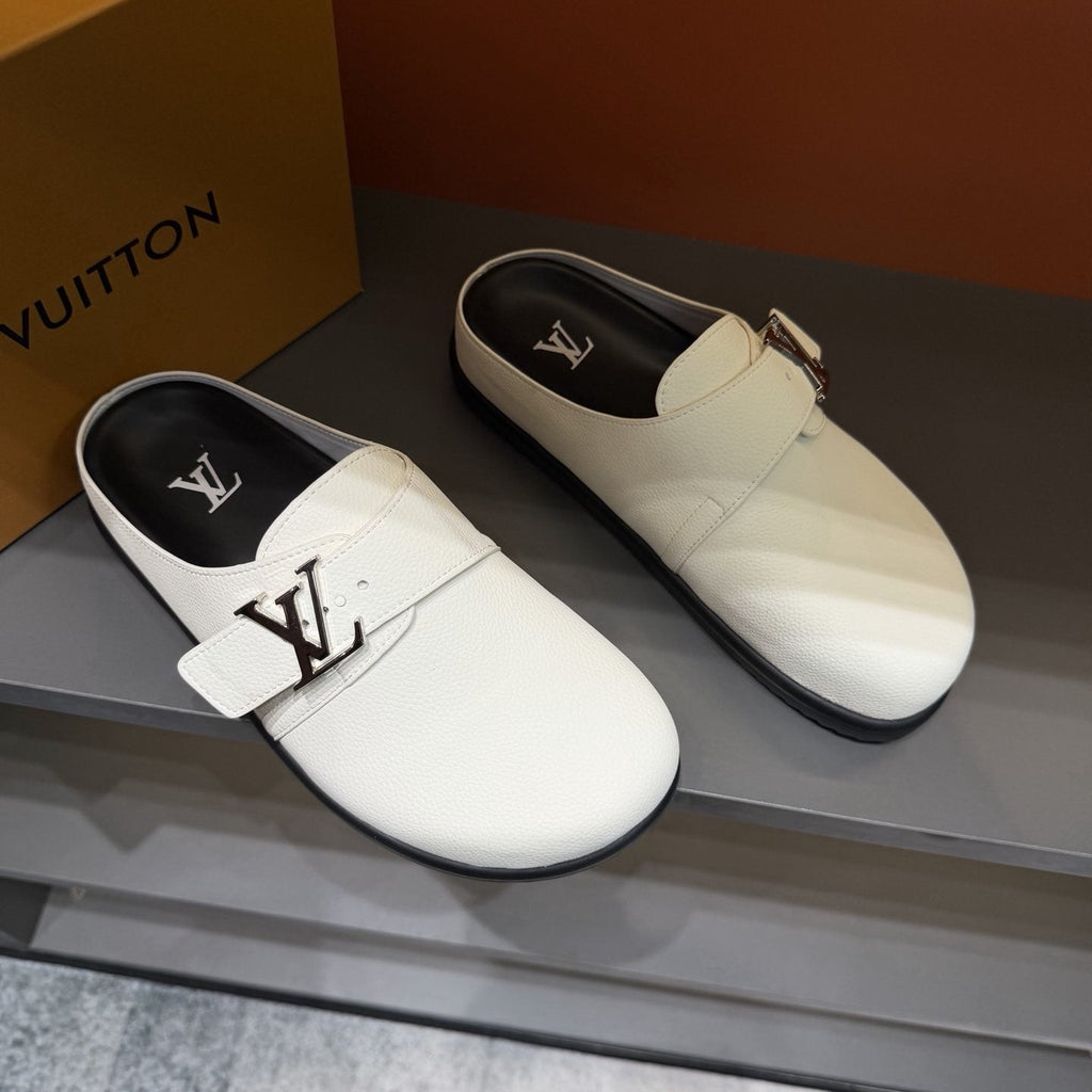 Louis Vuitton Men's Buckled Monogram Mule Shoes