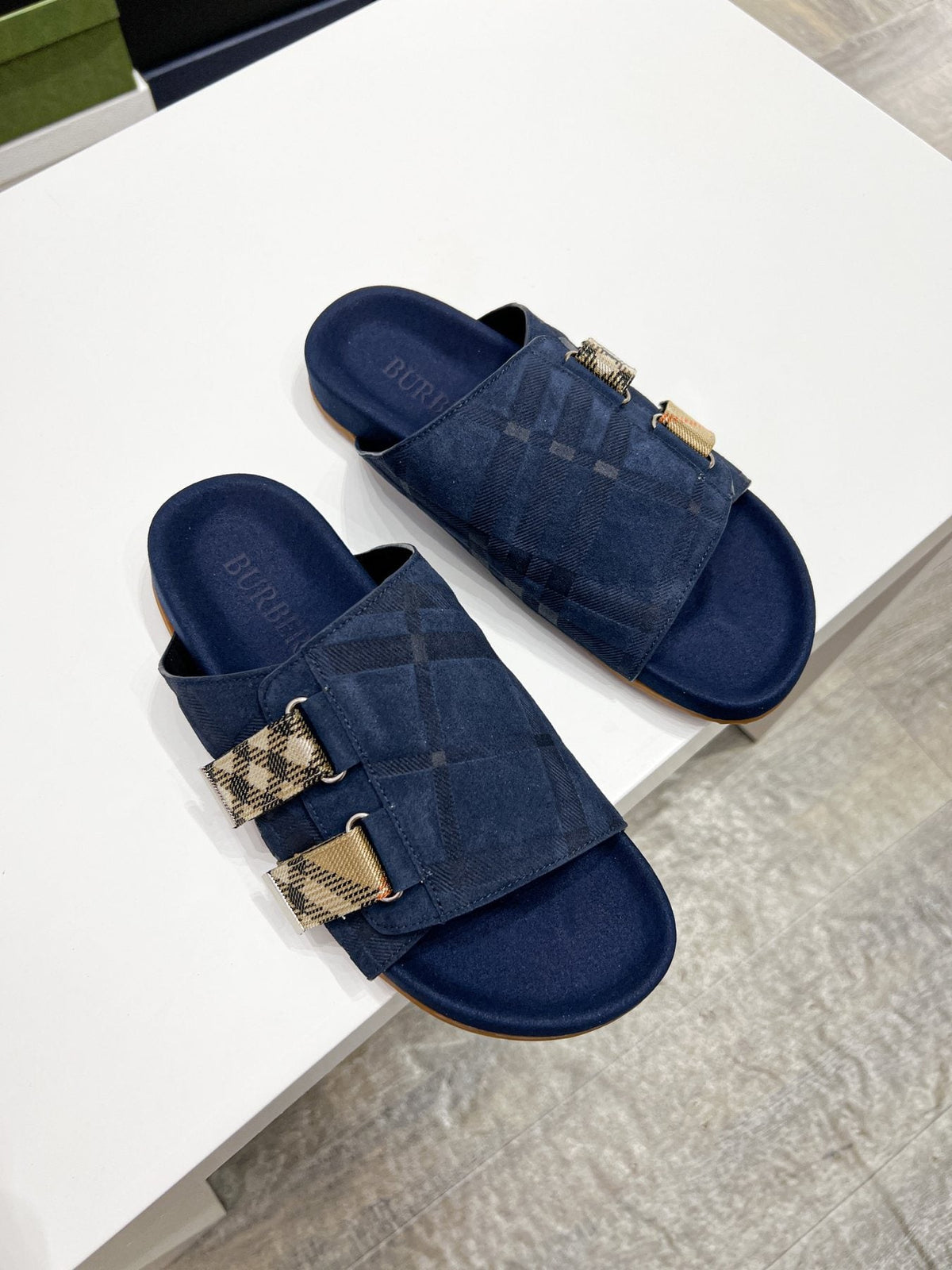 Burberry Navy Check Buckle Slide Sandals