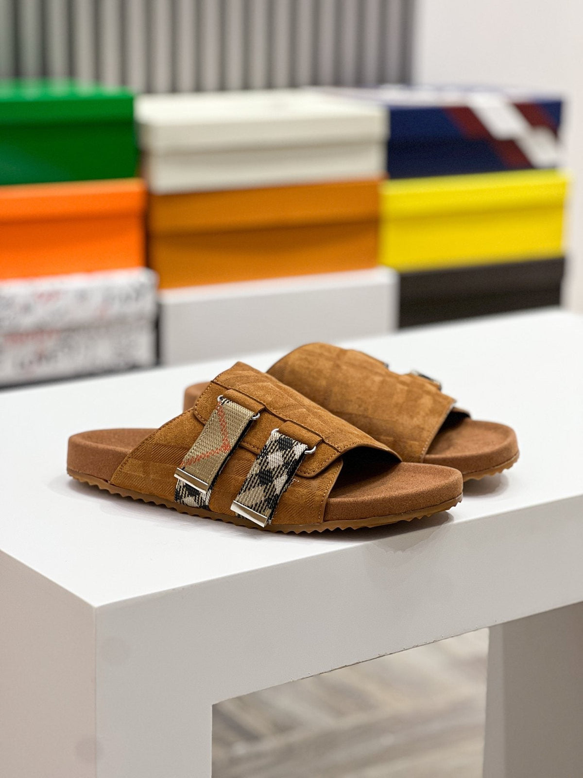 Burberry Navy Check Buckle Slide Sandals