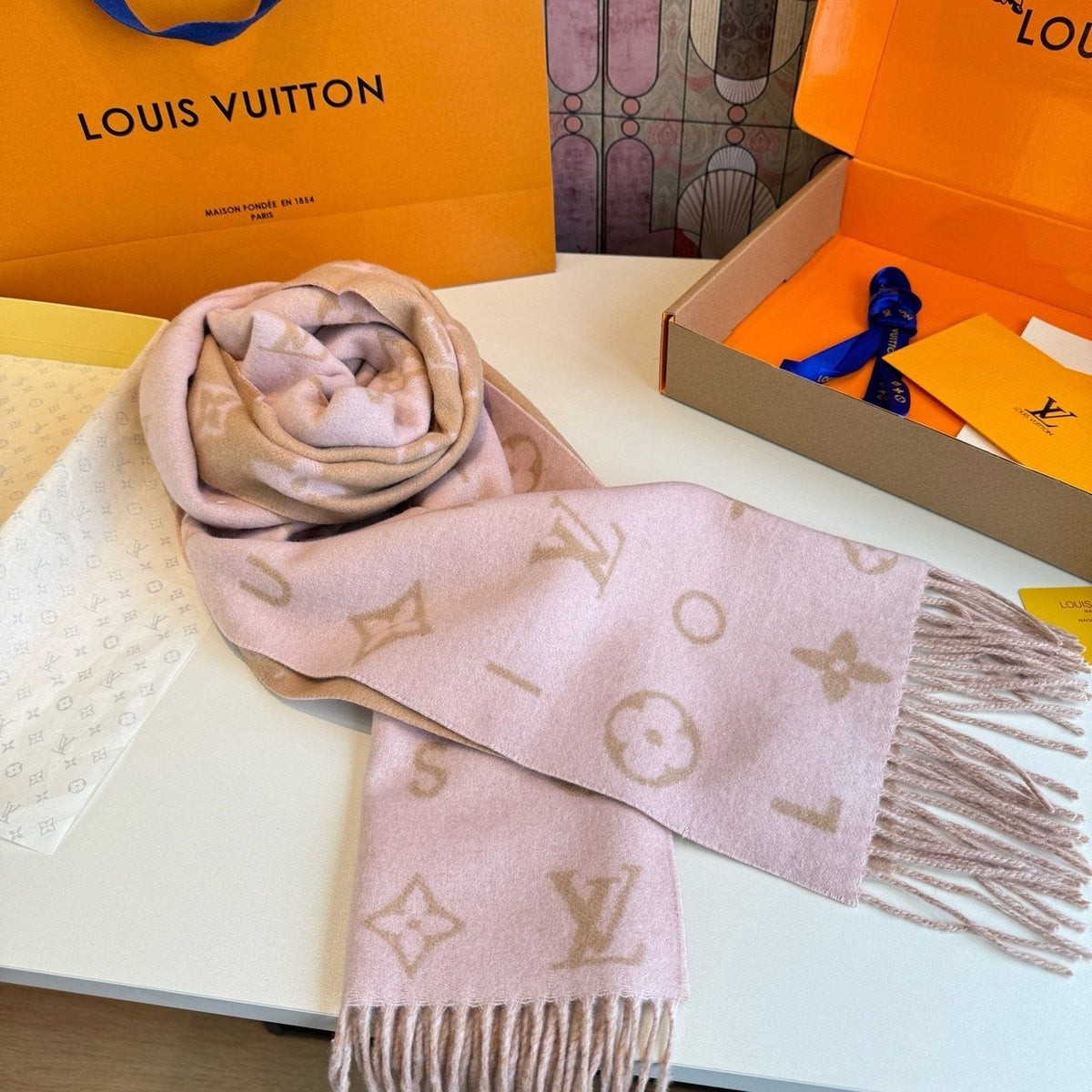 Louis Vuitton Fringed Wool Monogram Scarf