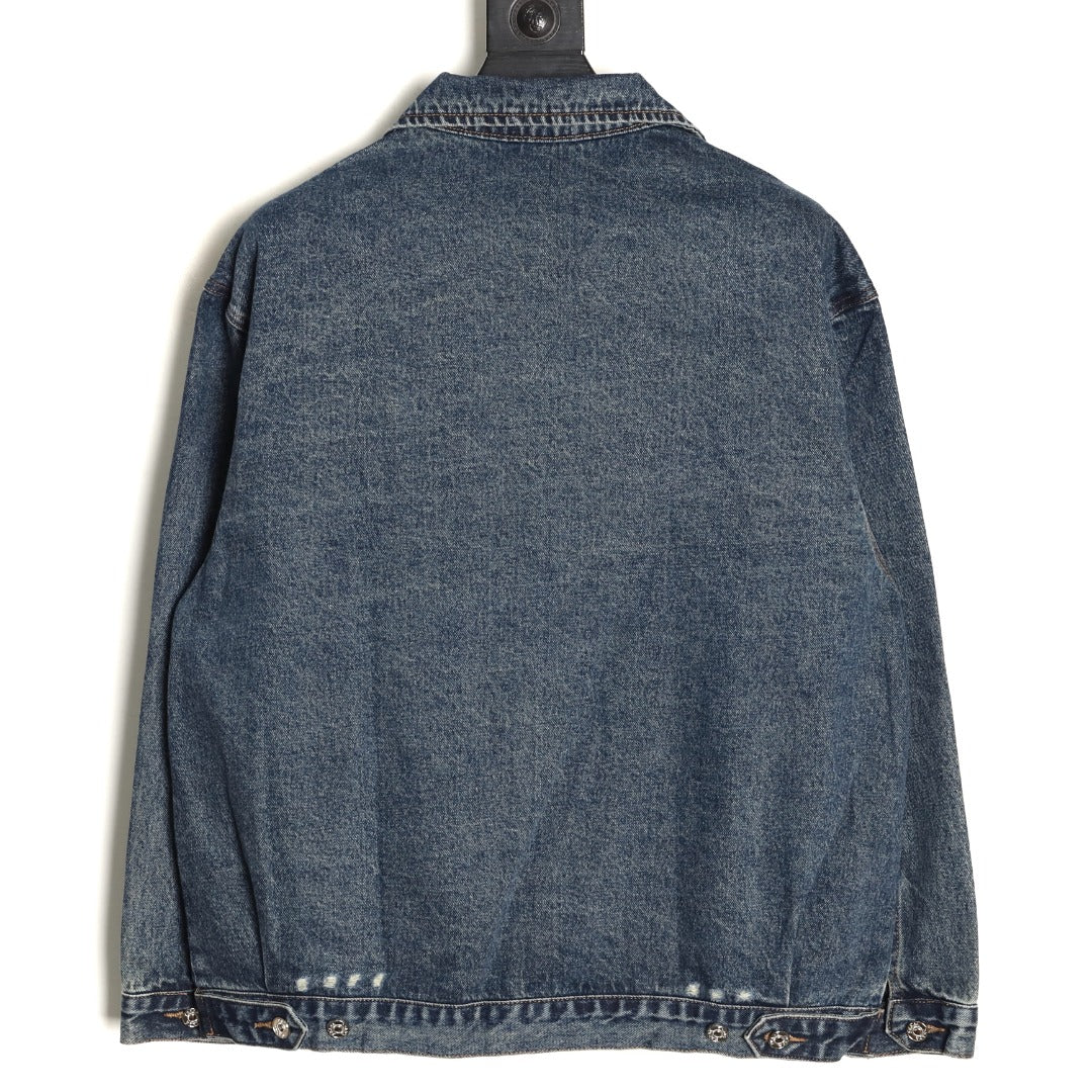 Prada Triangle-Logo Washed Zip-Up Denim Jacket - Dark Blue